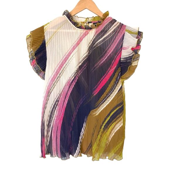 City Chic Colorful Wave Pleated Blouse Ruffled Sleeves Size 14 - Picture 4 of 13
